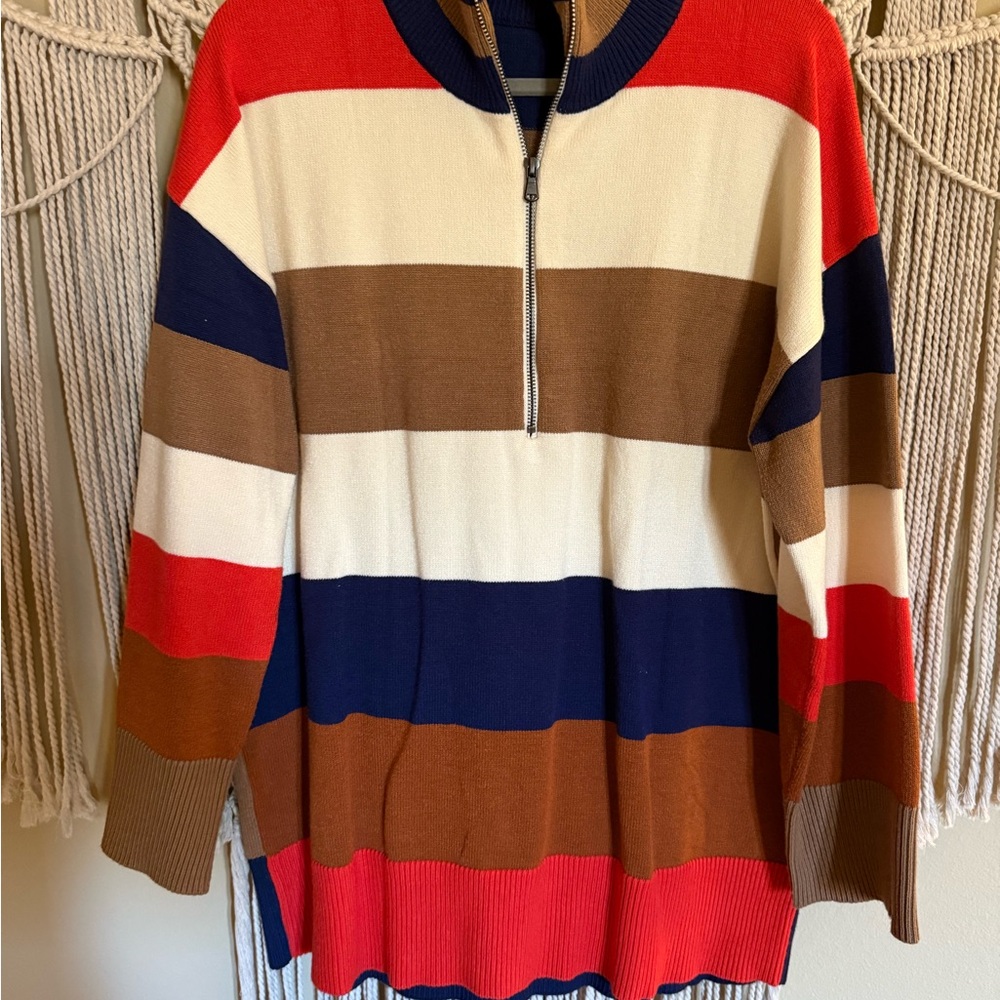Striped Half-Zip Women’s Oversized Sweater - Orange, Cream, Blue, Brown
